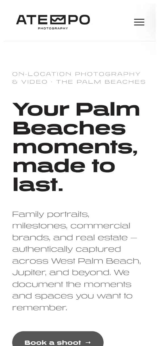 ATEMPO Photography homepage on mobile: your Palm Beaches moments, made to last