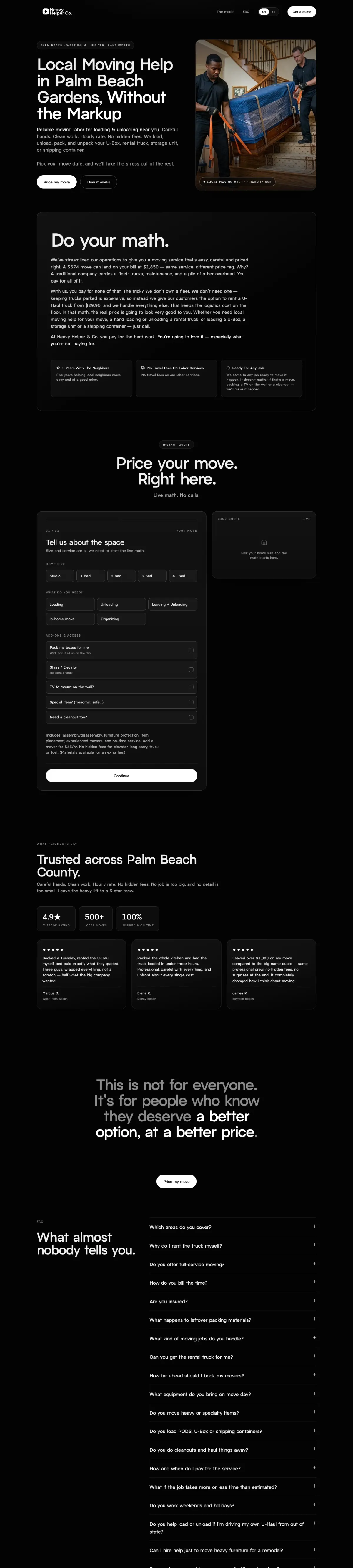 Heavy Helper & Co. homepage hero: local moving help in Palm Beach Gardens, without the markup