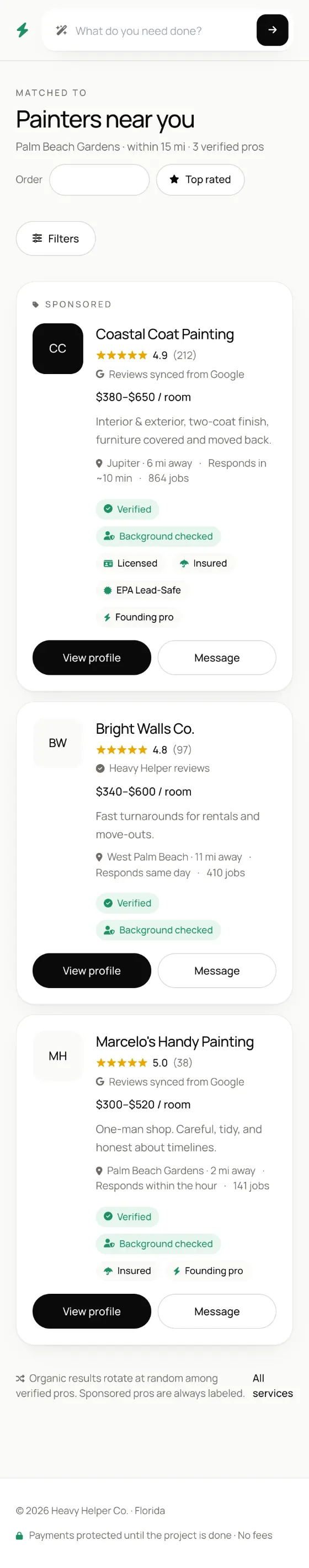 Heavy Helper Marketplace search results on mobile: verified local painters with ratings and prices