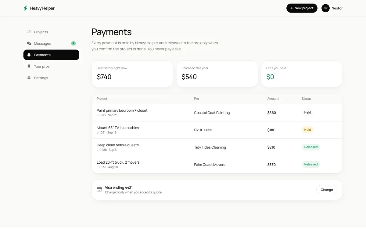 Heavy Helper Marketplace account: every payment held until the customer confirms the project is done