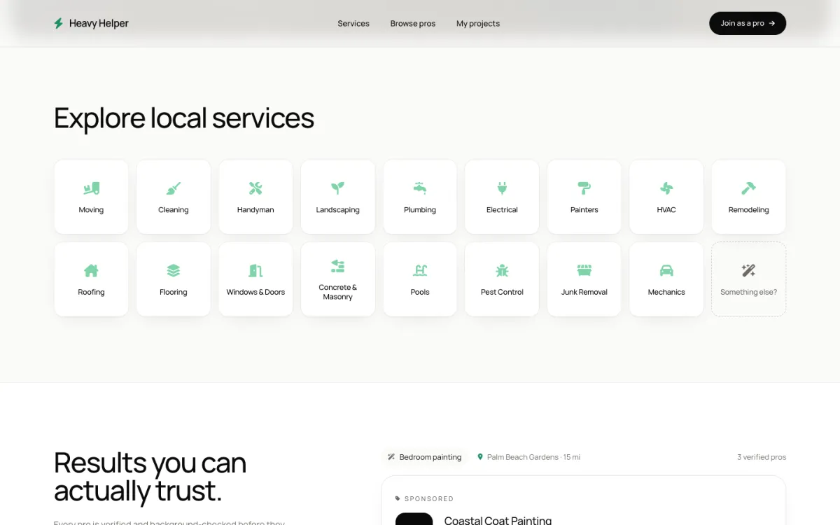 Heavy Helper Marketplace: explore local services, from moving and cleaning to roofing and pools